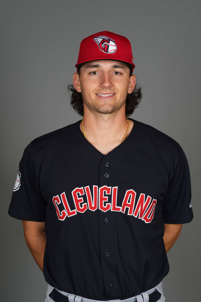 Feb 22, 2024; Goodyear, AZ, USA; Cleveland Guardians player Chase DeLauter poses for a photo during Media Day at the Cleveland Guardians Spring Training Facility Mandatory Credit: Joe Camporeale-USA TODAY Sports